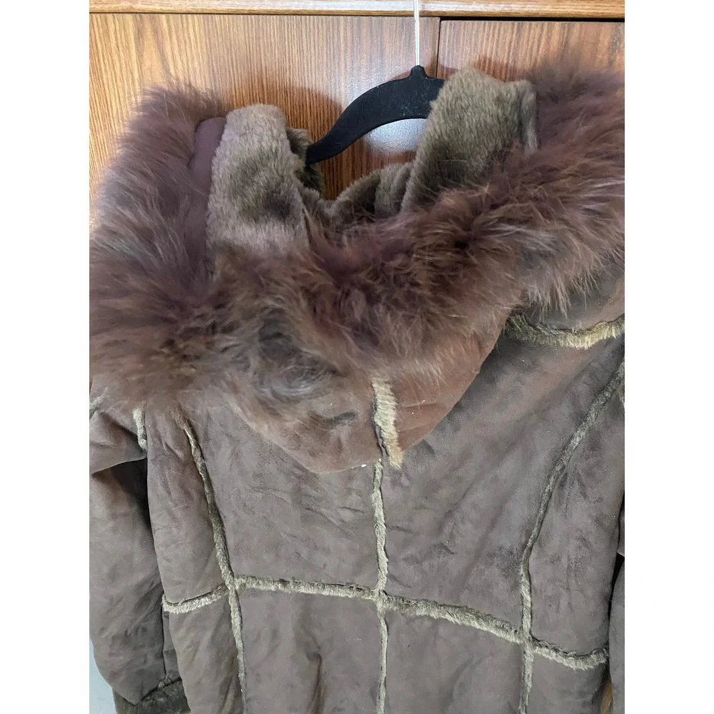 RuffHewn Faux‎ Suede Fur Trim Hooded Coat Womens Large Brown Afghan Parka